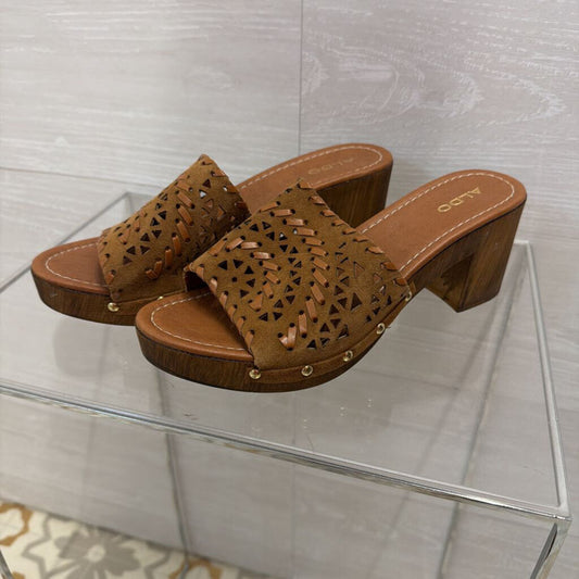 Aldo Brown Cutout Heeled Slide Sandal 39