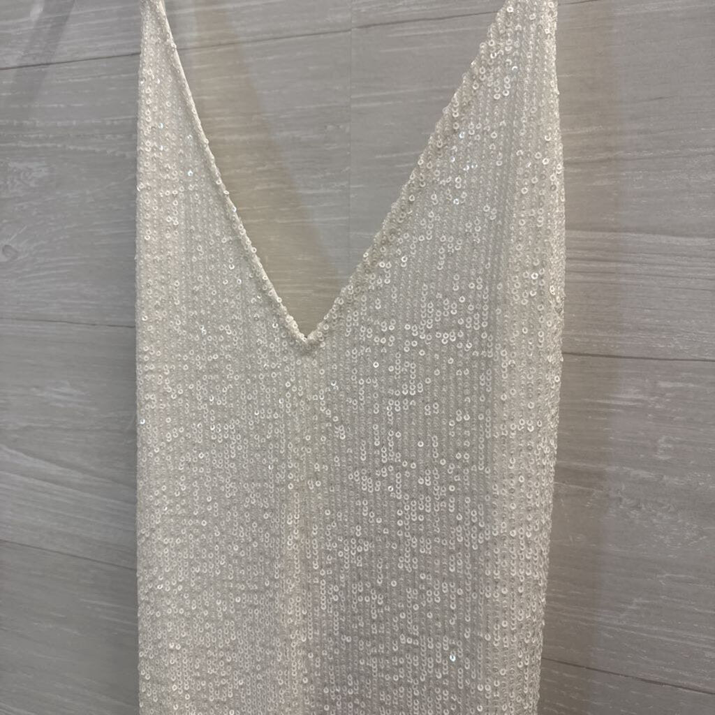 Lulu's White Sequin Long Formal with Low Back and Train Large