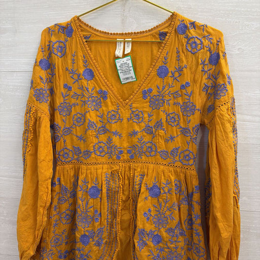 Anthropologie Meadow Rue Golden YellowLisette Embroidered Mini Dress Extra Small
