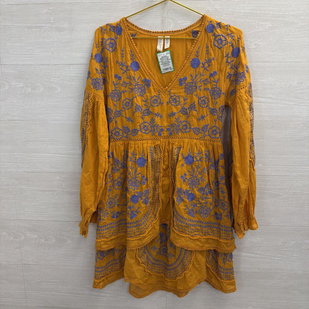 Anthropologie Meadow Rue Golden YellowLisette Embroidered Mini Dress Extra Small