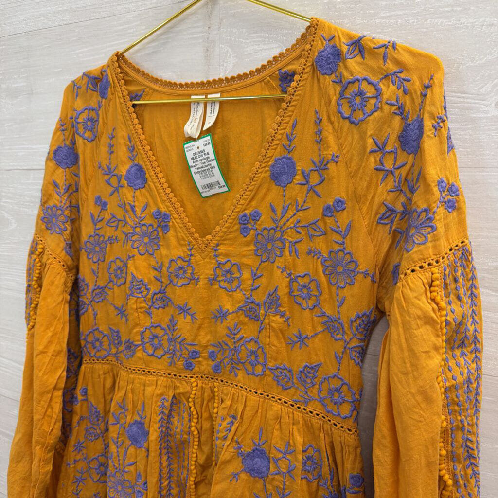 Anthropologie Meadow Rue Golden YellowLisette Embroidered Mini Dress Extra Small
