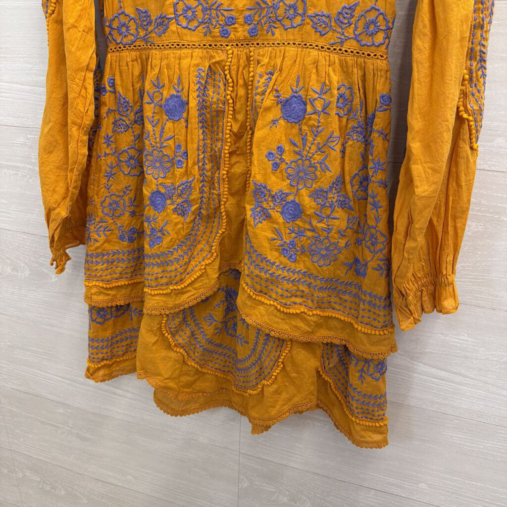 Anthropologie Meadow Rue Golden YellowLisette Embroidered Mini Dress Extra Small