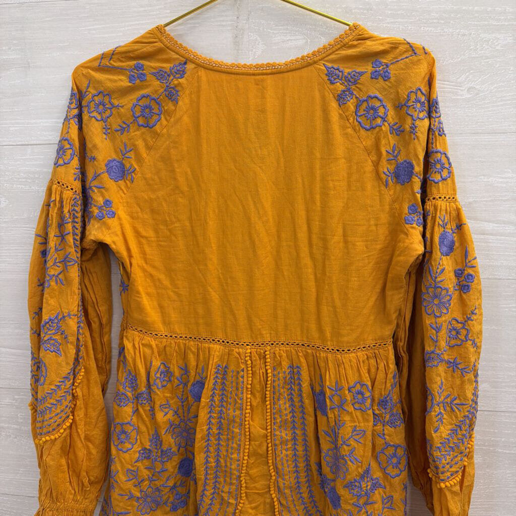 Anthropologie Meadow Rue Golden YellowLisette Embroidered Mini Dress Extra Small