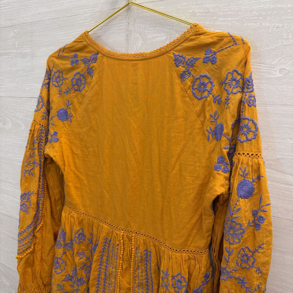 Anthropologie Meadow Rue Golden YellowLisette Embroidered Mini Dress Extra Small