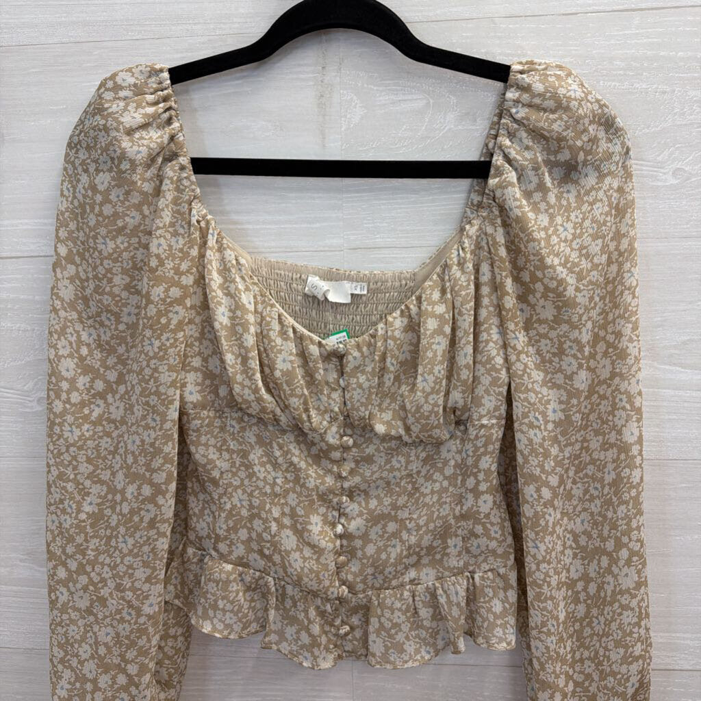 ASTR Beige Floral Long Sleeve Crop Top Extra Small