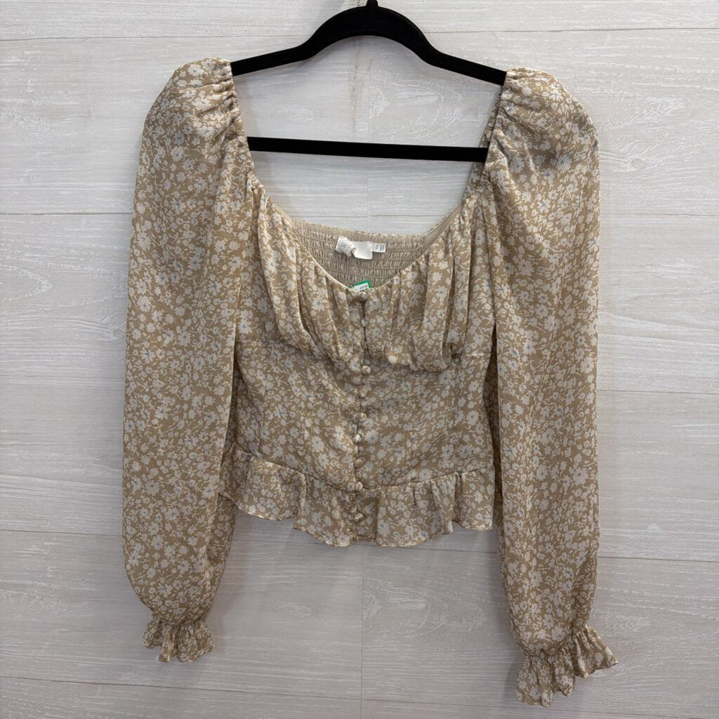 ASTR Beige Floral Long Sleeve Crop Top Extra Small
