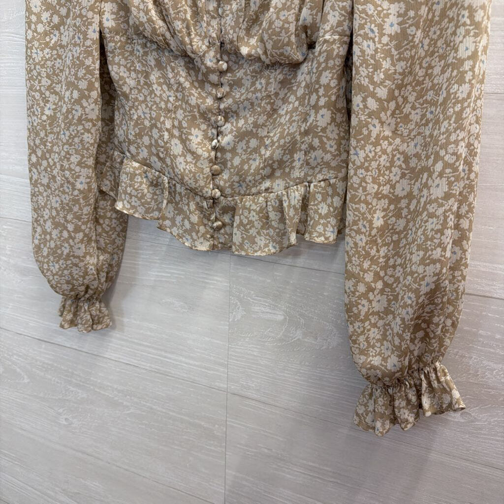 ASTR Beige Floral Long Sleeve Crop Top Extra Small