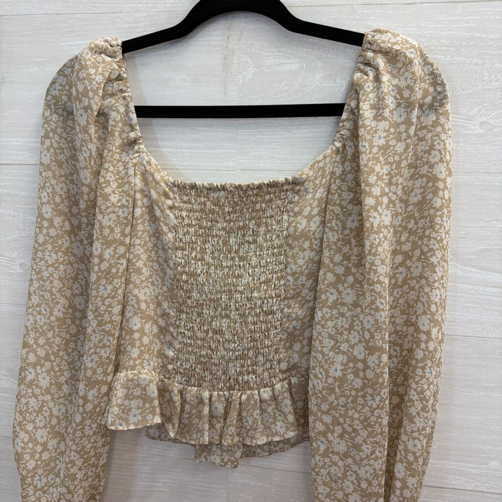 ASTR Beige Floral Long Sleeve Crop Top Extra Small