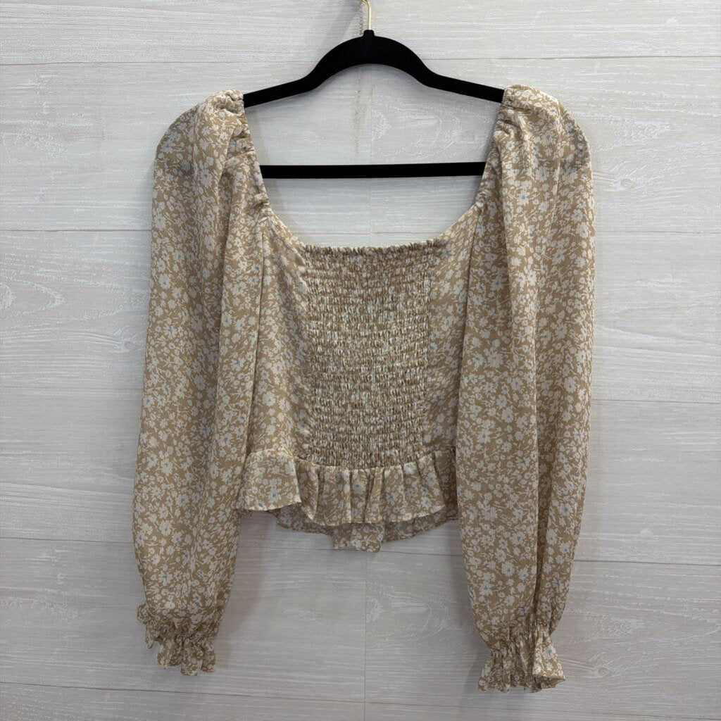 ASTR Beige Floral Long Sleeve Crop Top Extra Small