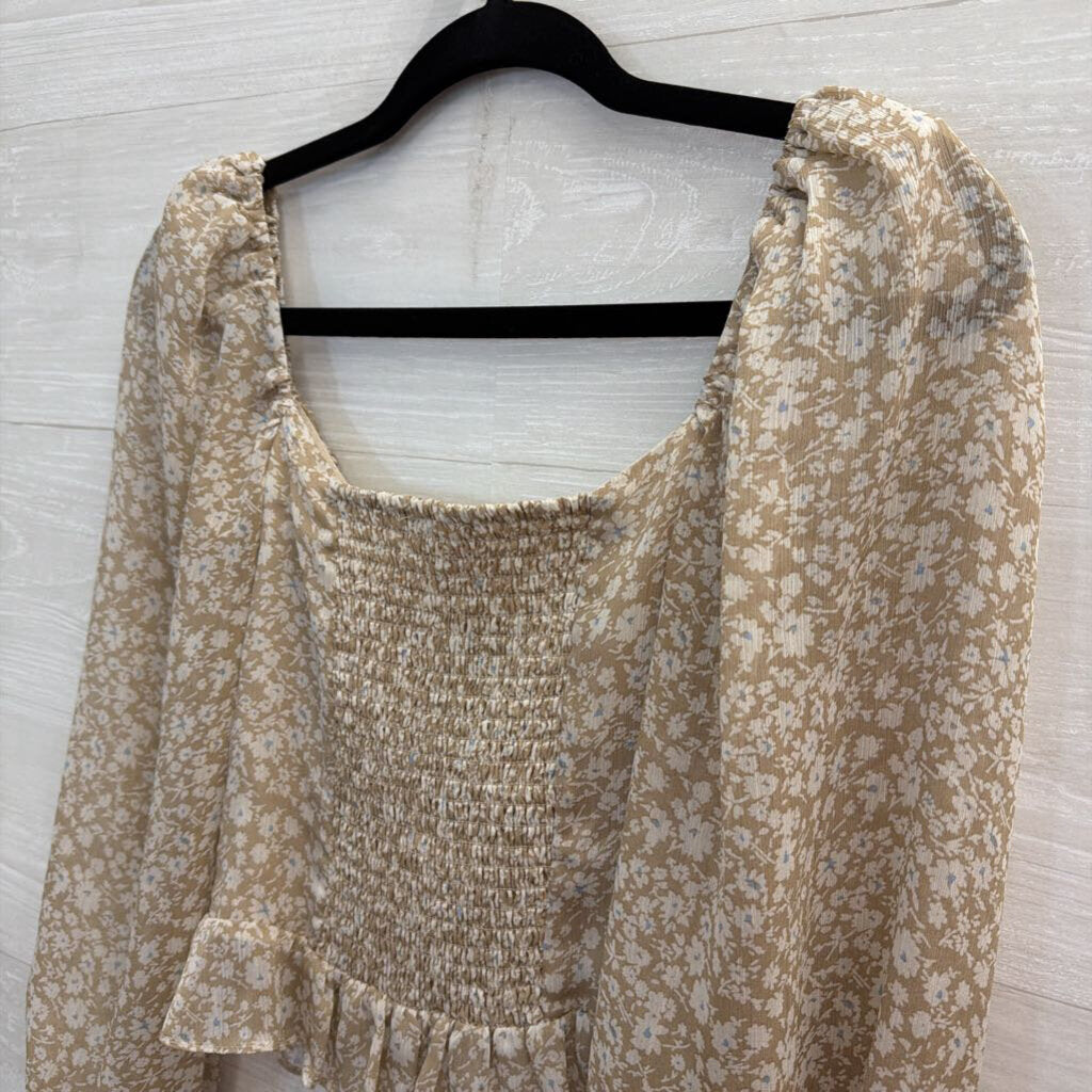 ASTR Beige Floral Long Sleeve Crop Top Extra Small