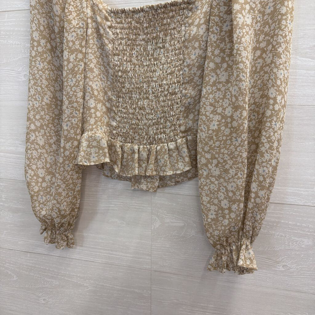 ASTR Beige Floral Long Sleeve Crop Top Extra Small