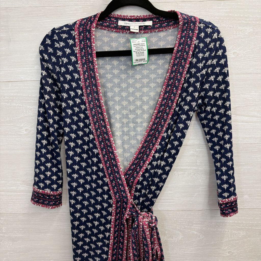 Diane von Furstenberg Navy/Pink Printed Wrap Dress