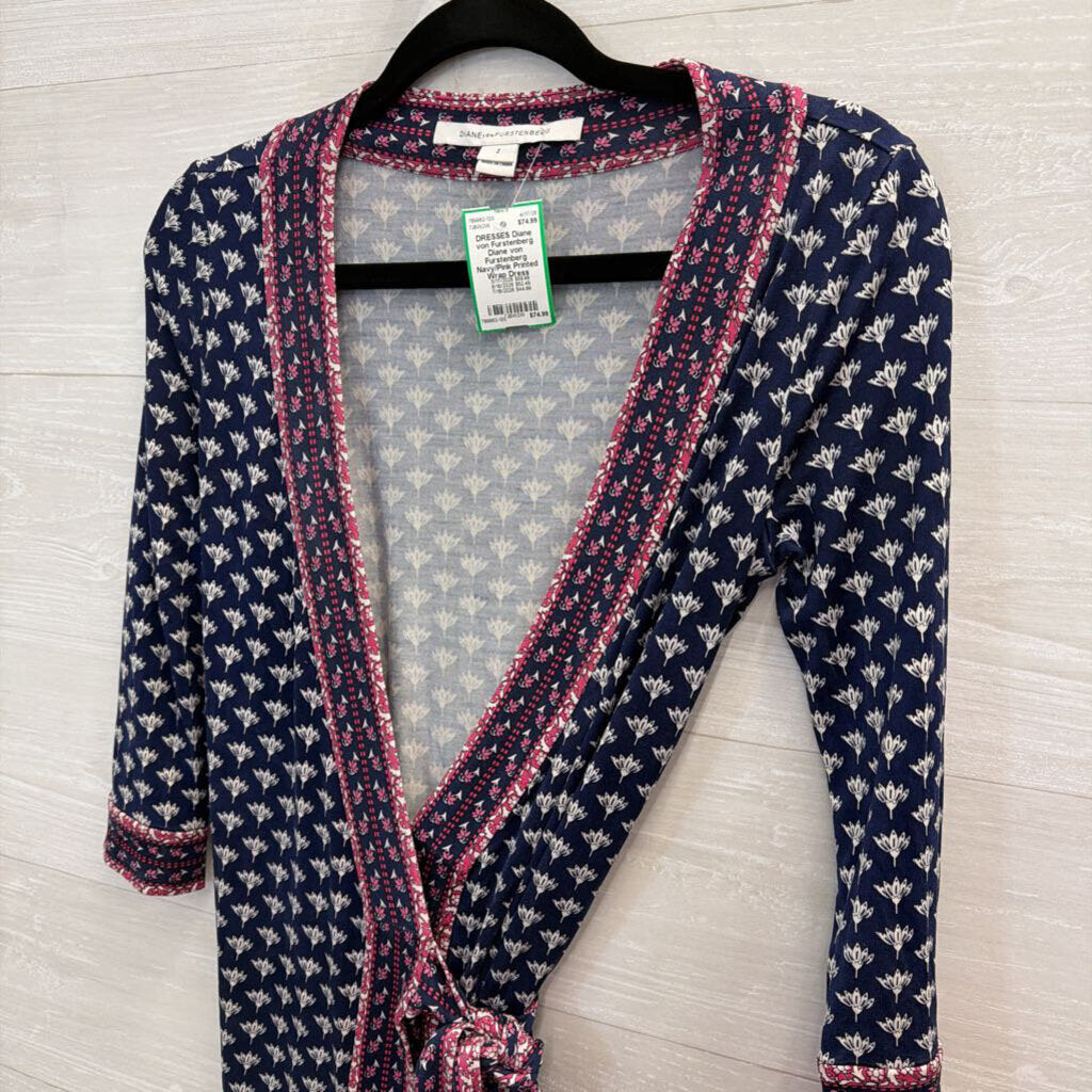 Diane von Furstenberg Navy/Pink Printed Wrap Dress