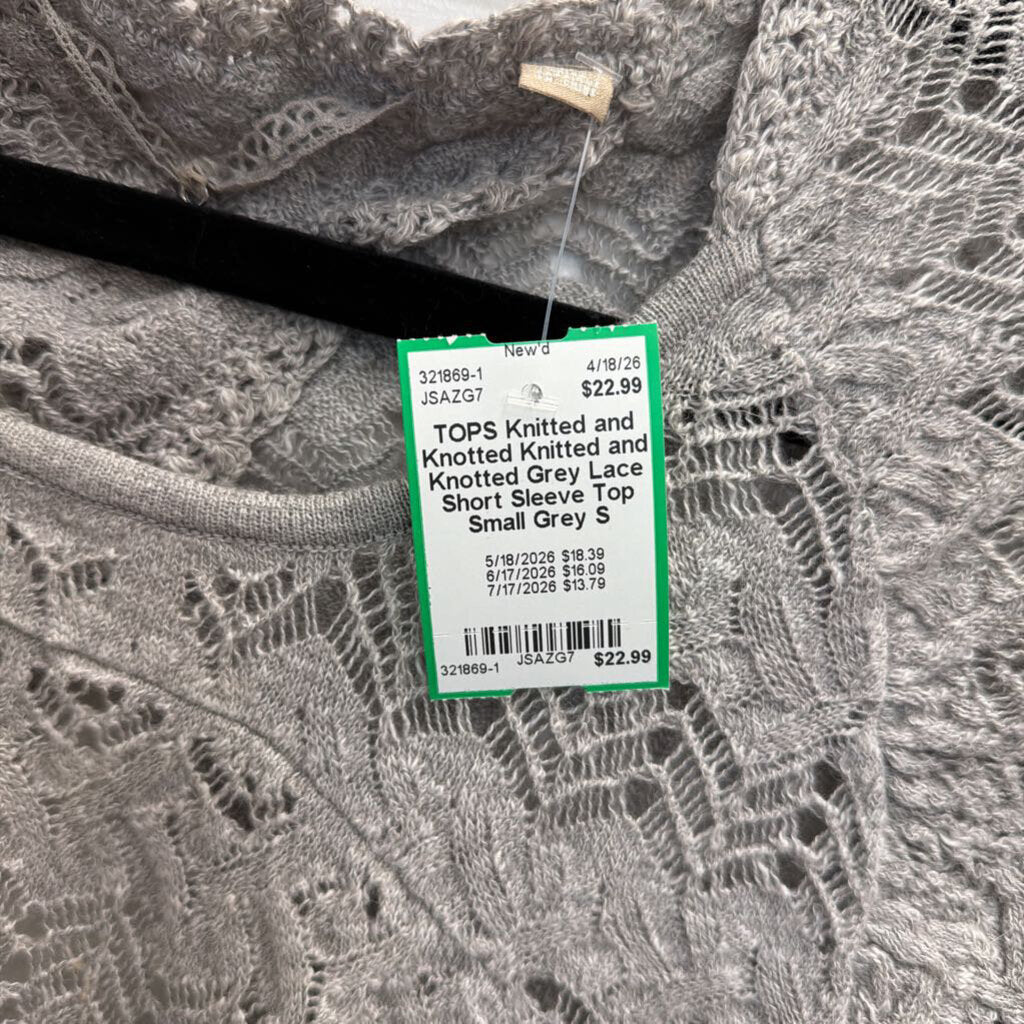 Knitted and Knotted Grey Lace Short Sleeve Top Small