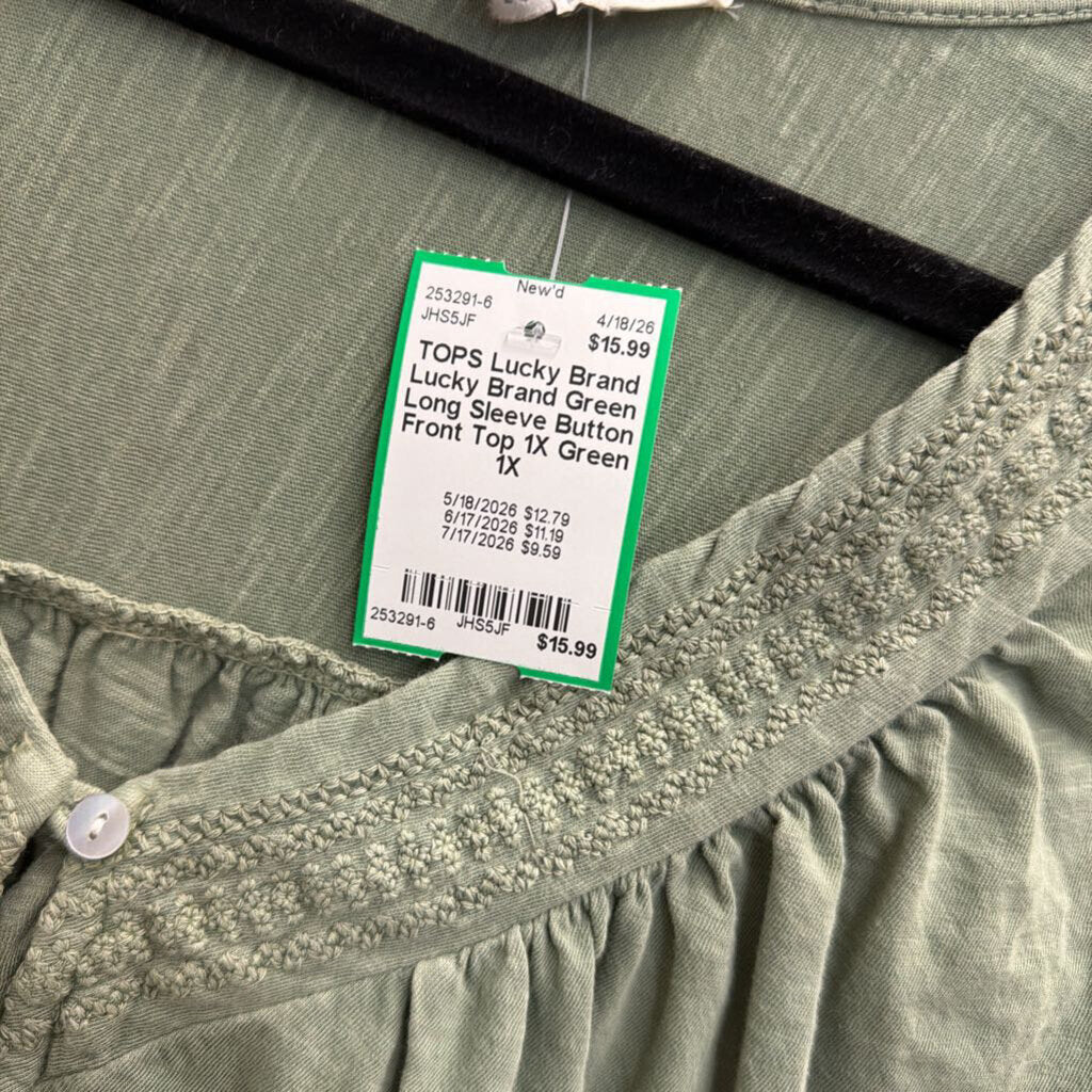 Lucky Brand Green Long Sleeve Button Front Top 1X