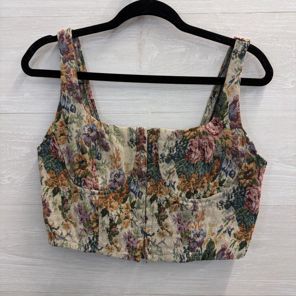 Beige/ Multi Floral Tapestry Cropped Tank Top Medium