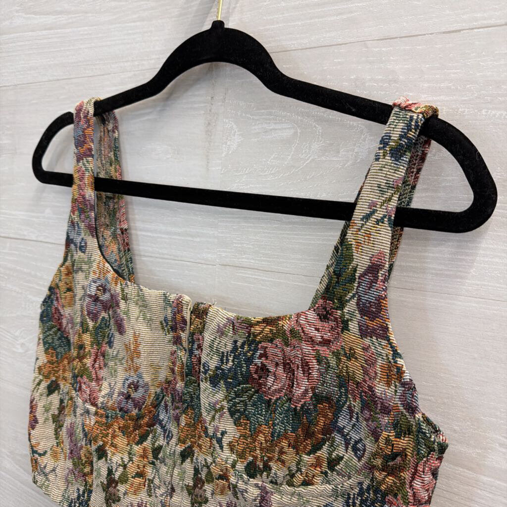 Beige/ Multi Floral Tapestry Cropped Tank Top Medium
