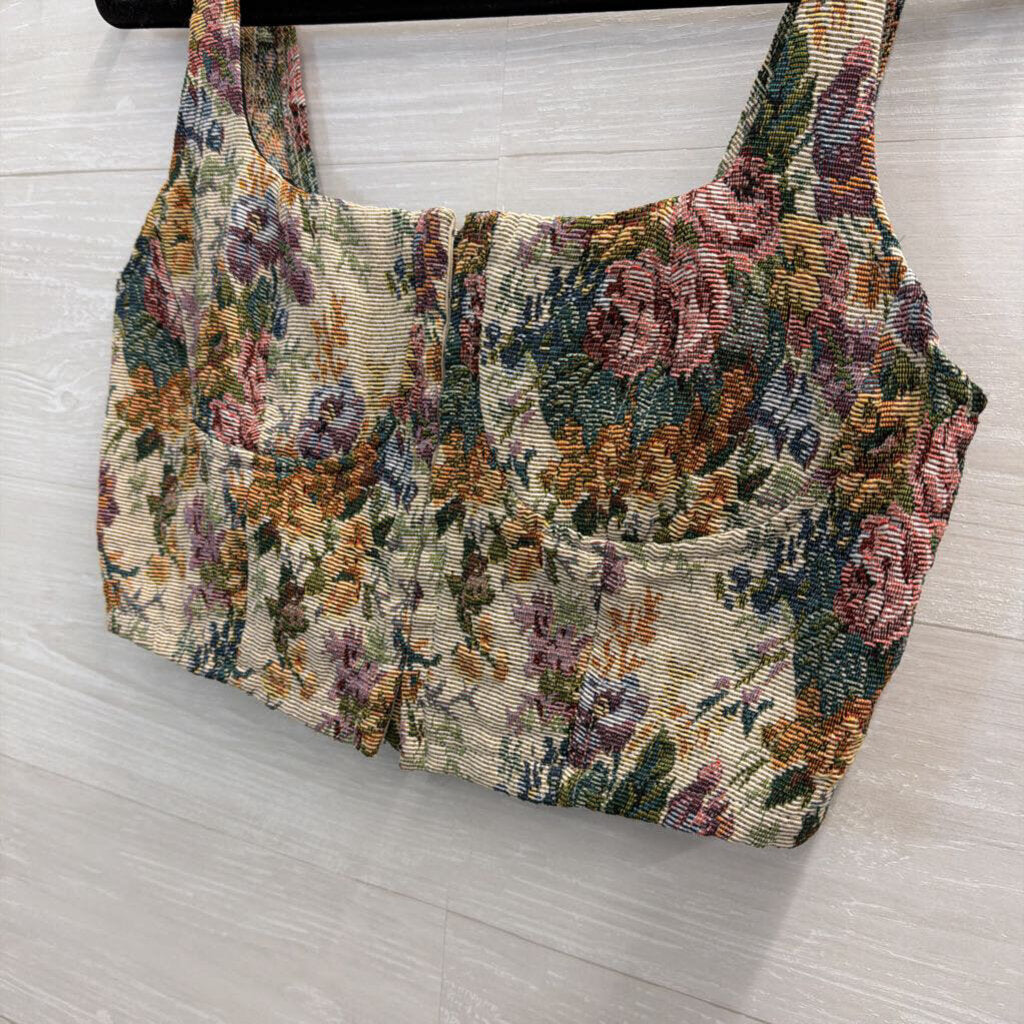 Beige/ Multi Floral Tapestry Cropped Tank Top Medium