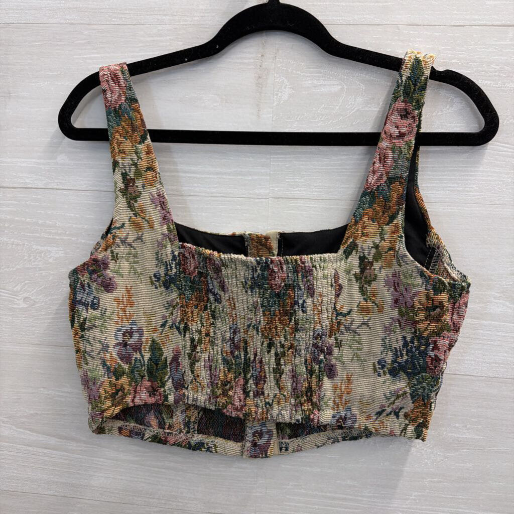 Beige/ Multi Floral Tapestry Cropped Tank Top Medium