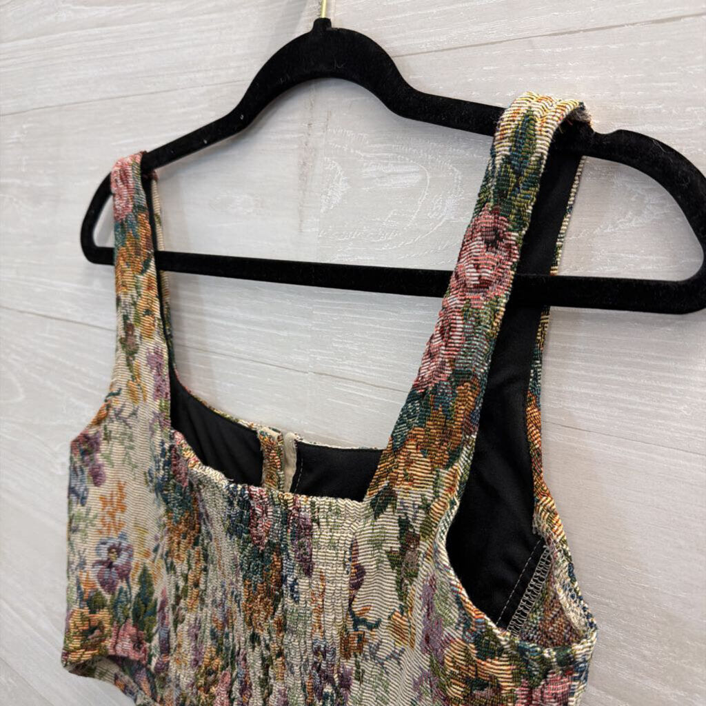 Beige/ Multi Floral Tapestry Cropped Tank Top Medium