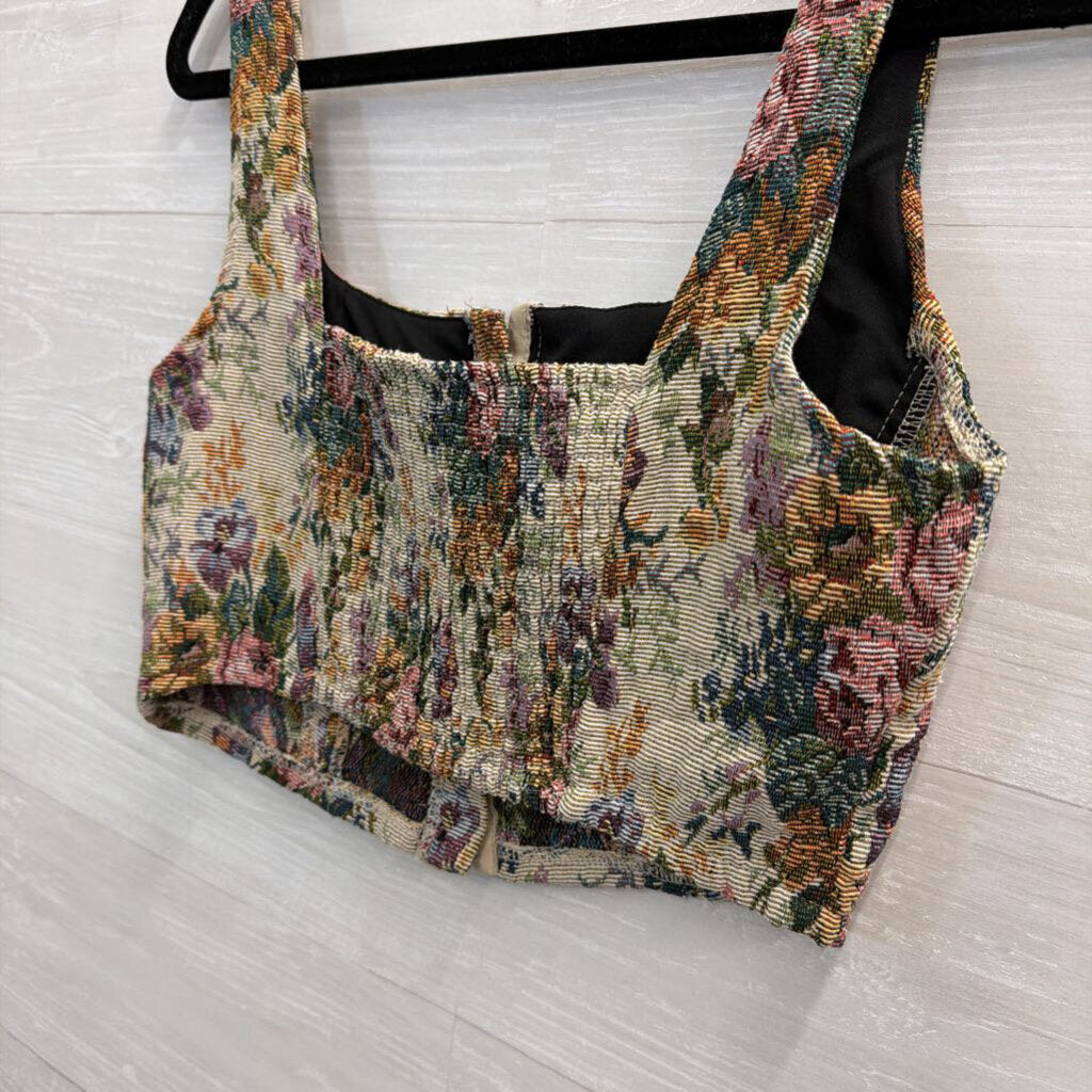 Beige/ Multi Floral Tapestry Cropped Tank Top Medium