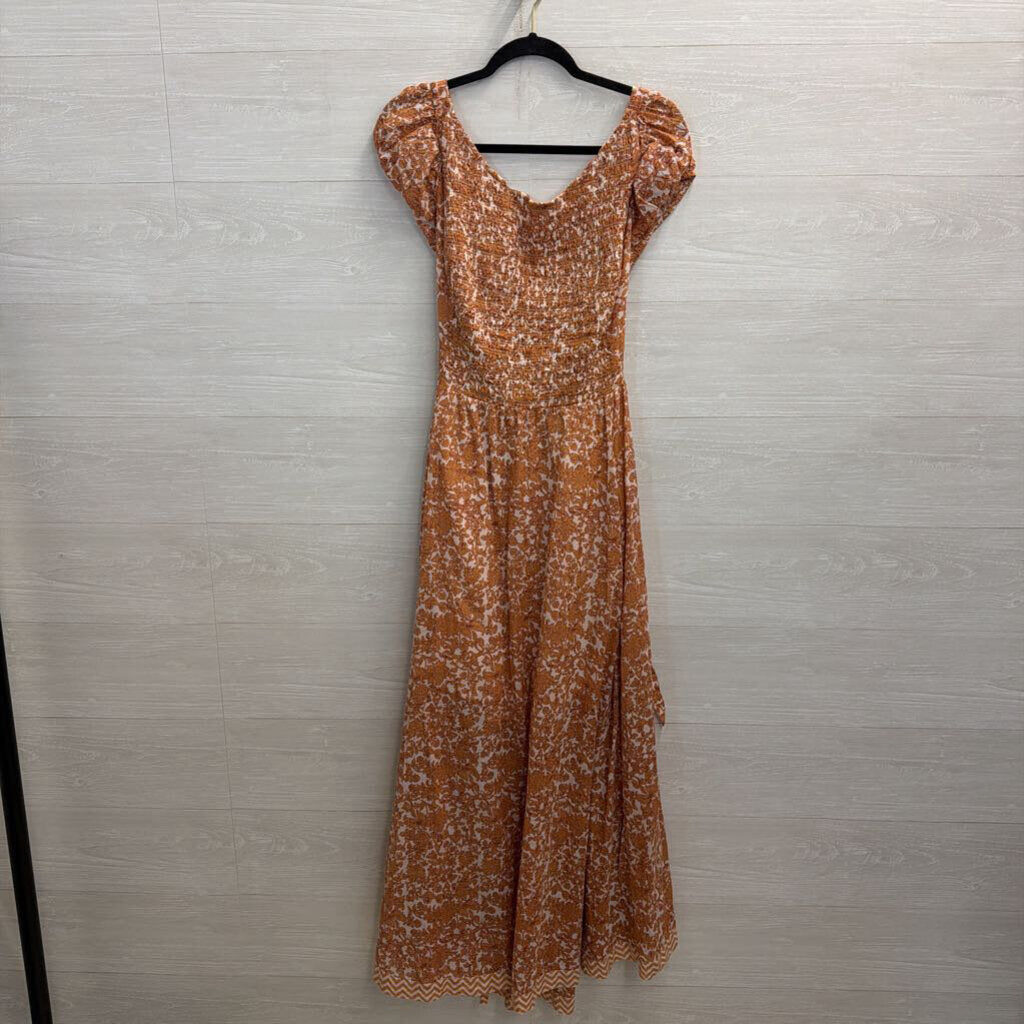 Free People Cream/ Orange Floral Print Short Sleeve Ultraviolet Maxi Dress Medium