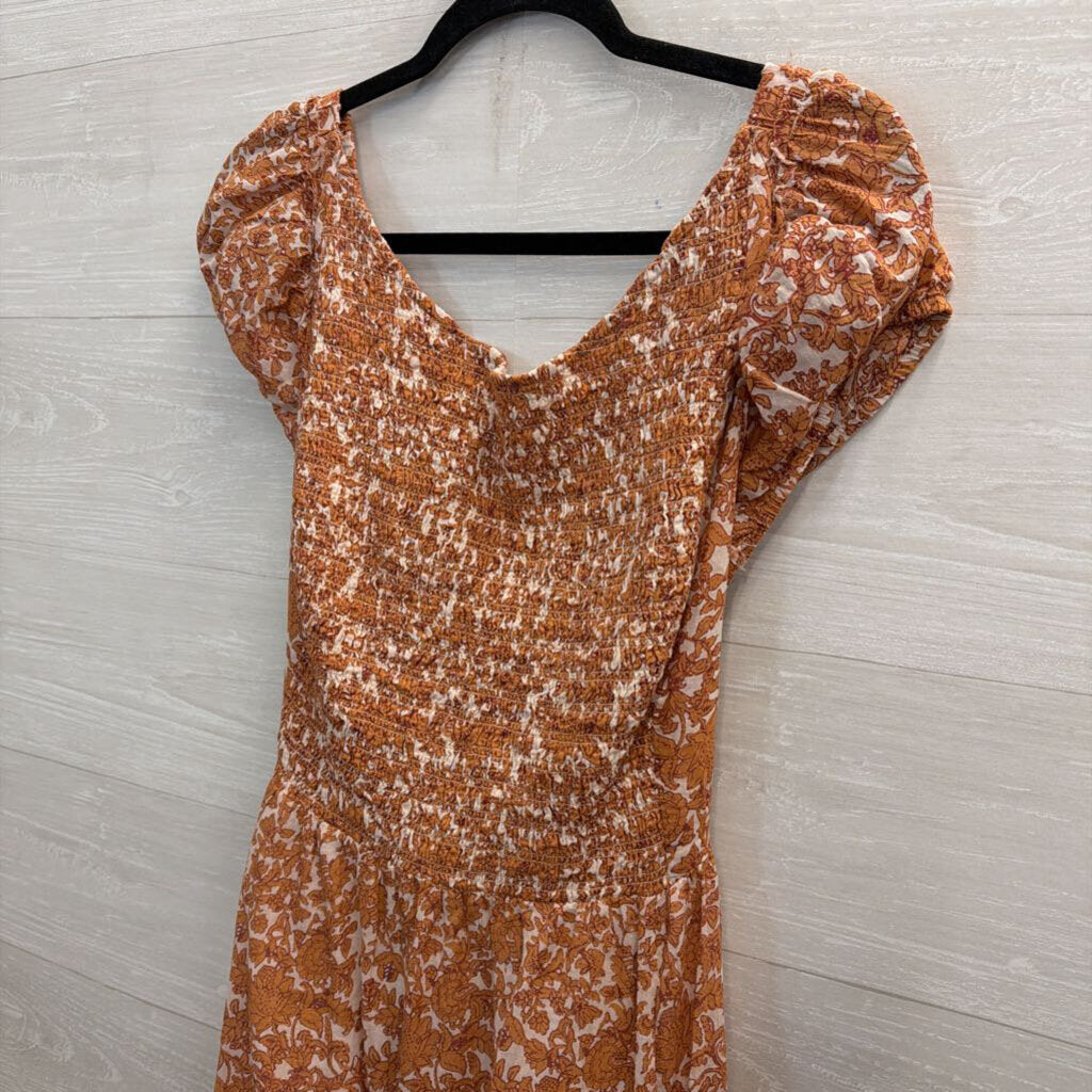 Free People Cream/ Orange Floral Print Short Sleeve Ultraviolet Maxi Dress Medium