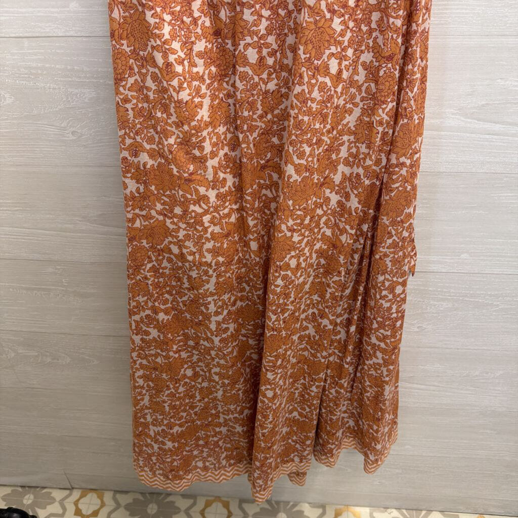 Free People Cream/ Orange Floral Print Short Sleeve Ultraviolet Maxi Dress Medium