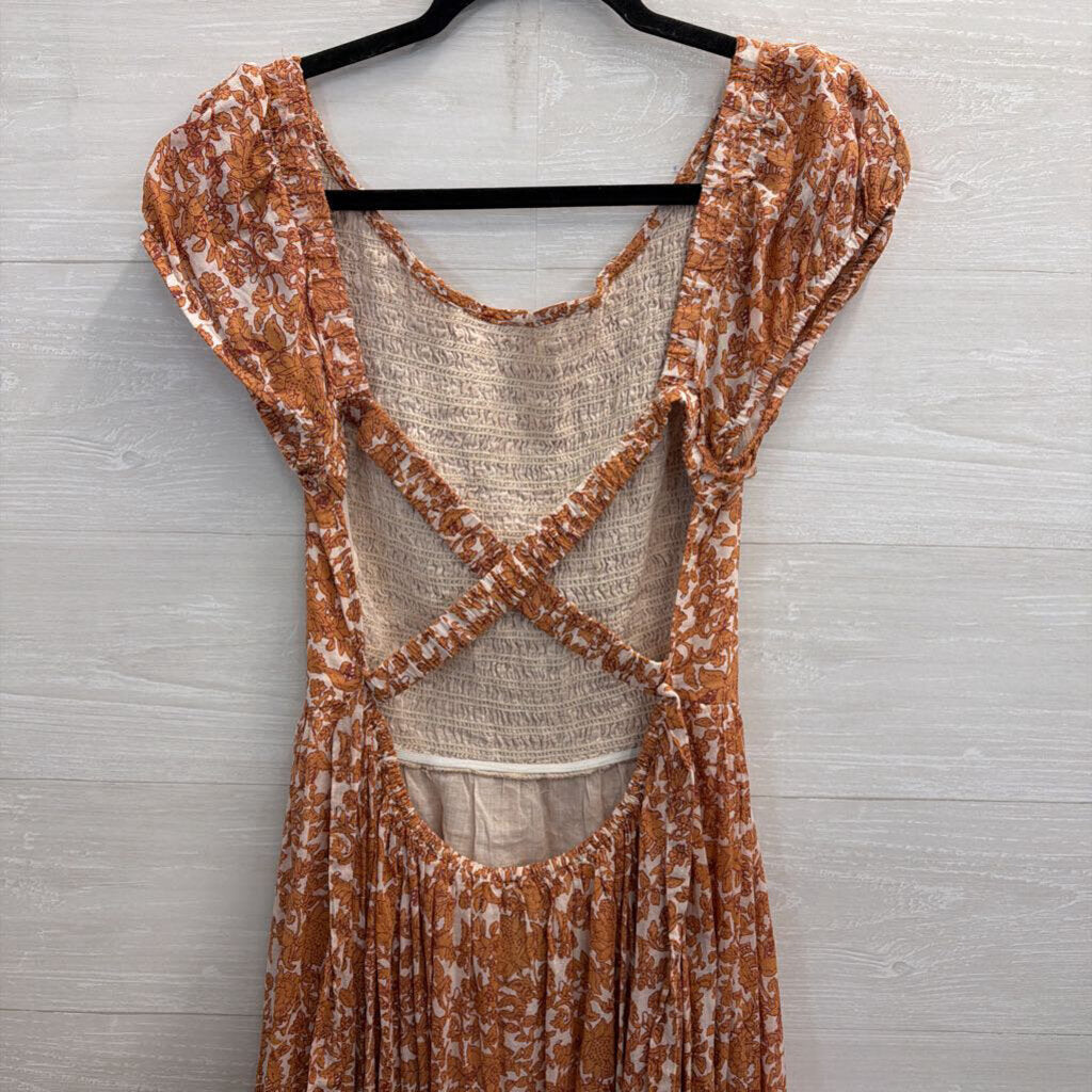 Free People Cream/ Orange Floral Print Short Sleeve Ultraviolet Maxi Dress Medium