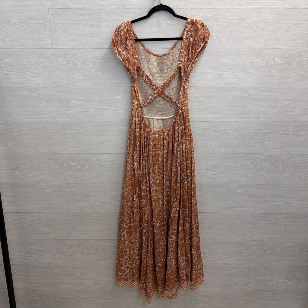Free People Cream/ Orange Floral Print Short Sleeve Ultraviolet Maxi Dress Medium