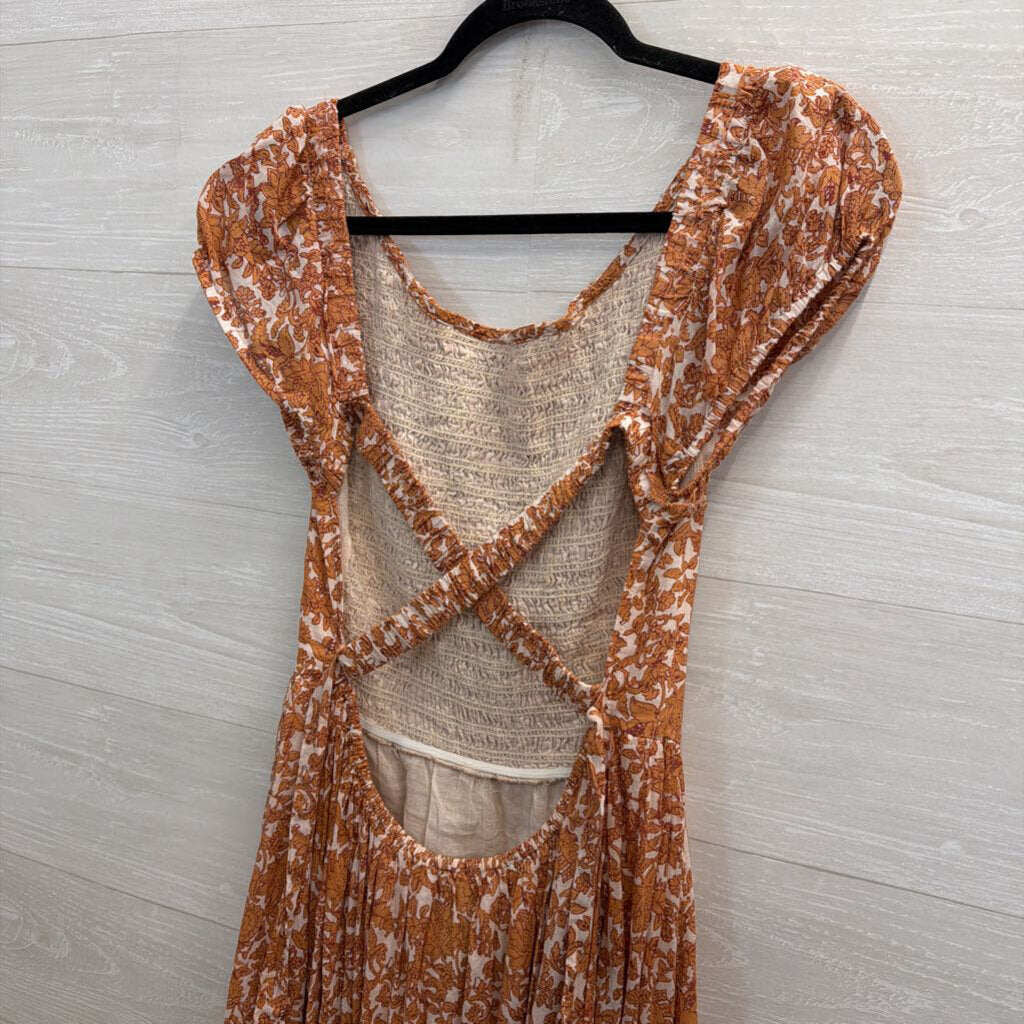 Free People Cream/ Orange Floral Print Short Sleeve Ultraviolet Maxi Dress Medium