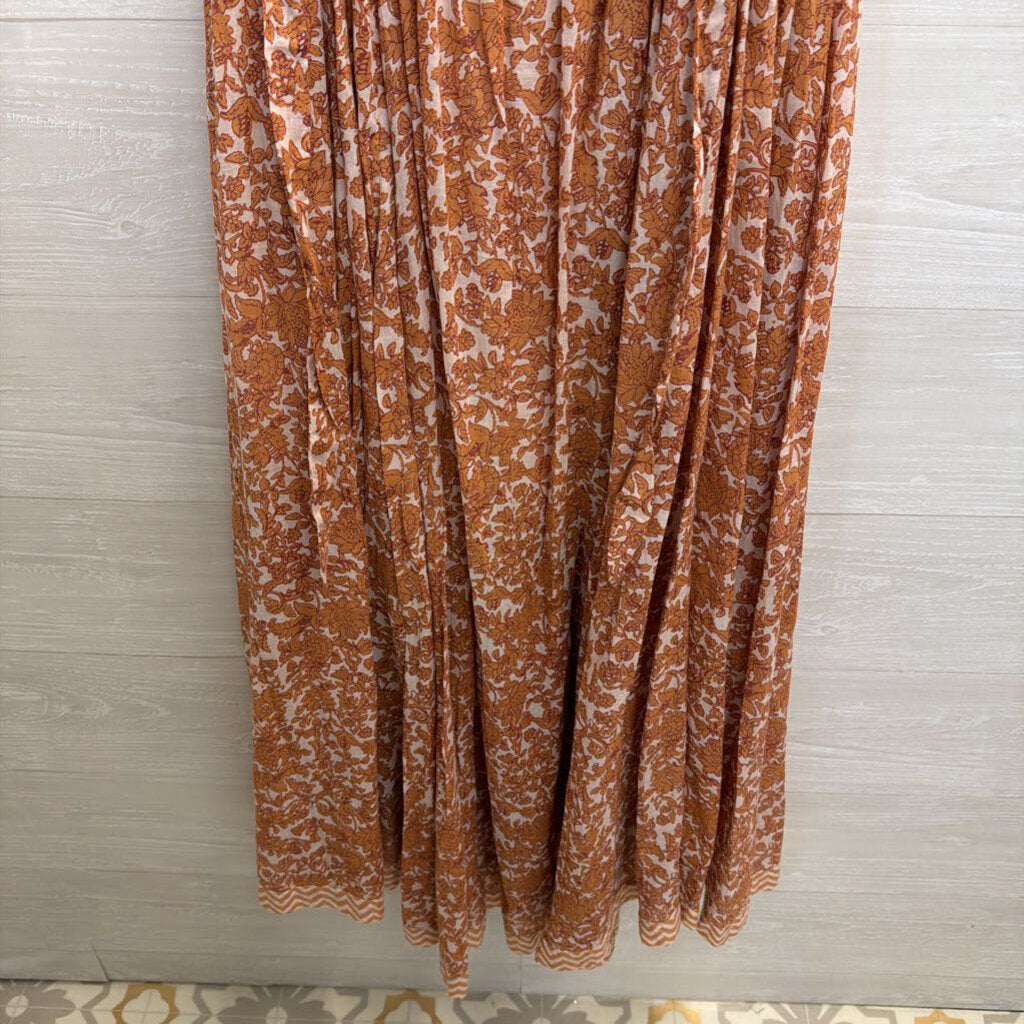 Free People Cream/ Orange Floral Print Short Sleeve Ultraviolet Maxi Dress Medium