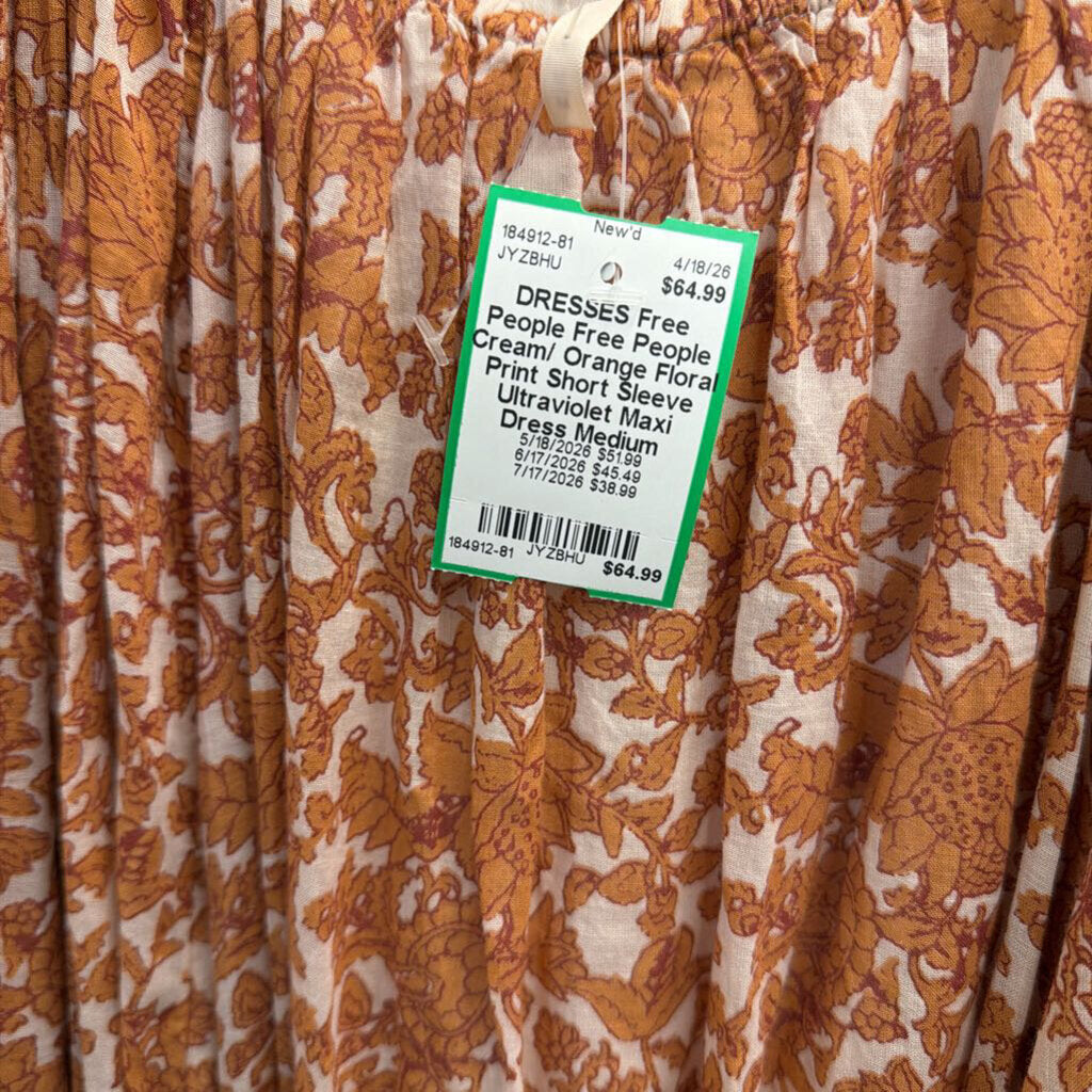 Free People Cream/ Orange Floral Print Short Sleeve Ultraviolet Maxi Dress Medium