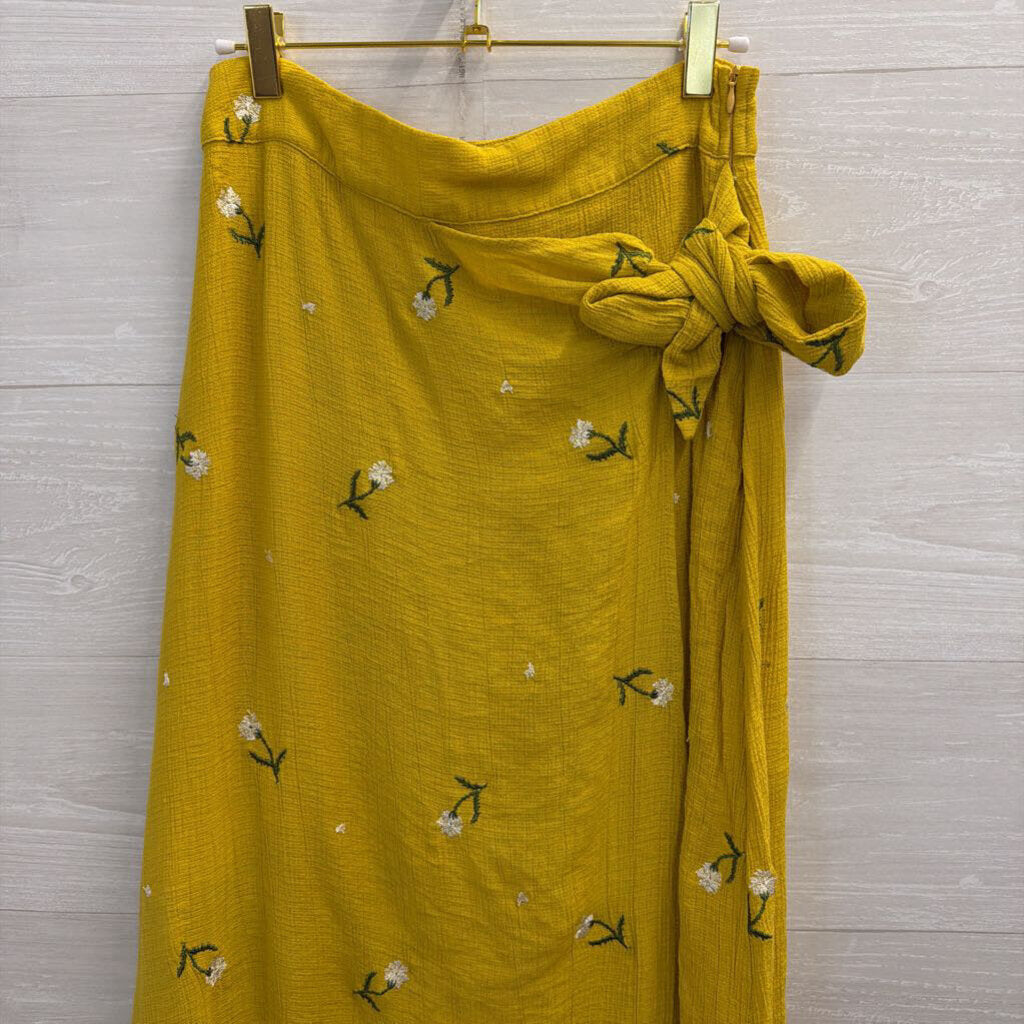Dee Elly Yellow Embroidered Flower Wrap Maxi Skirt Medium