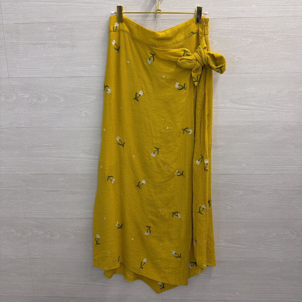 Dee Elly Yellow Embroidered Flower Wrap Maxi Skirt Medium