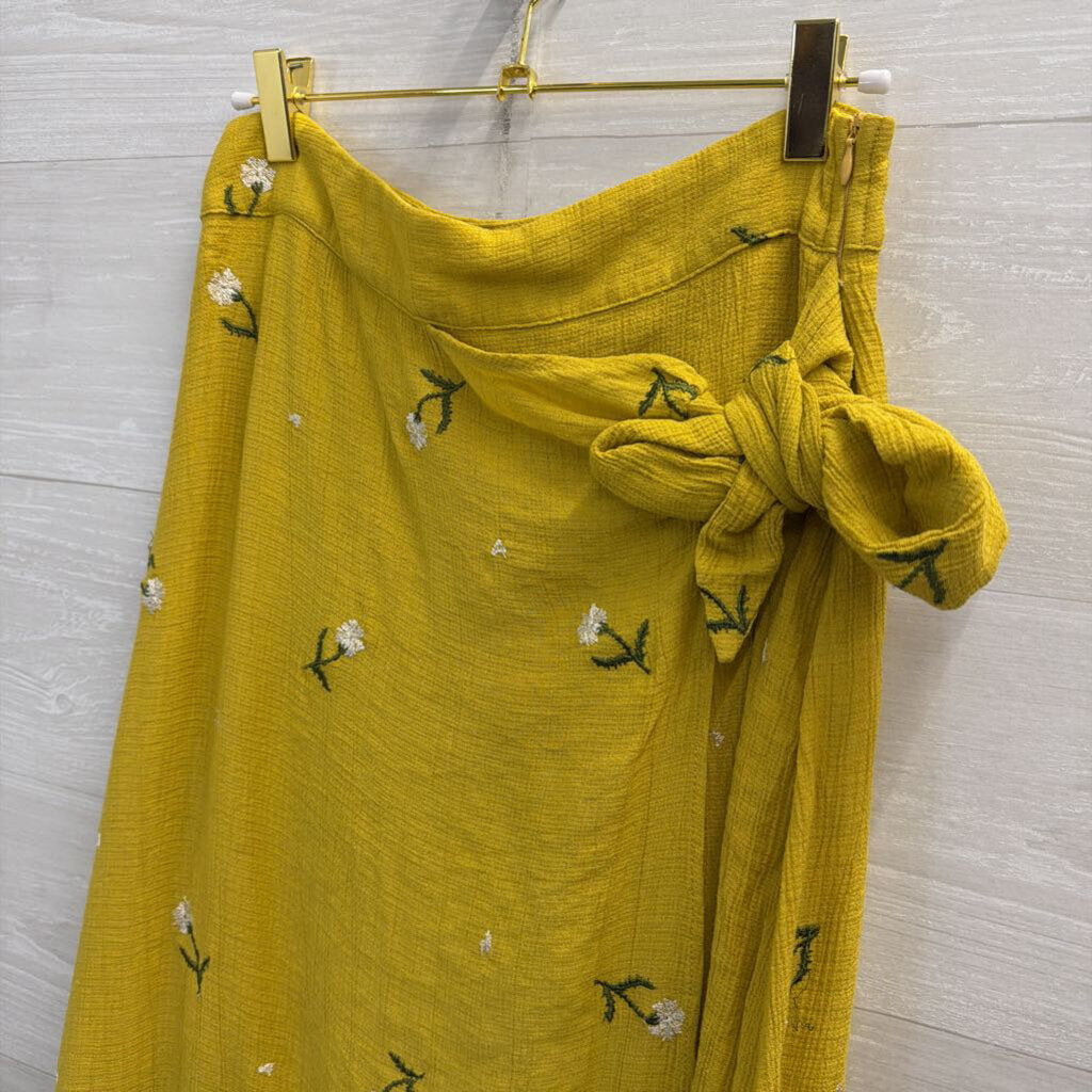 Dee Elly Yellow Embroidered Flower Wrap Maxi Skirt Medium