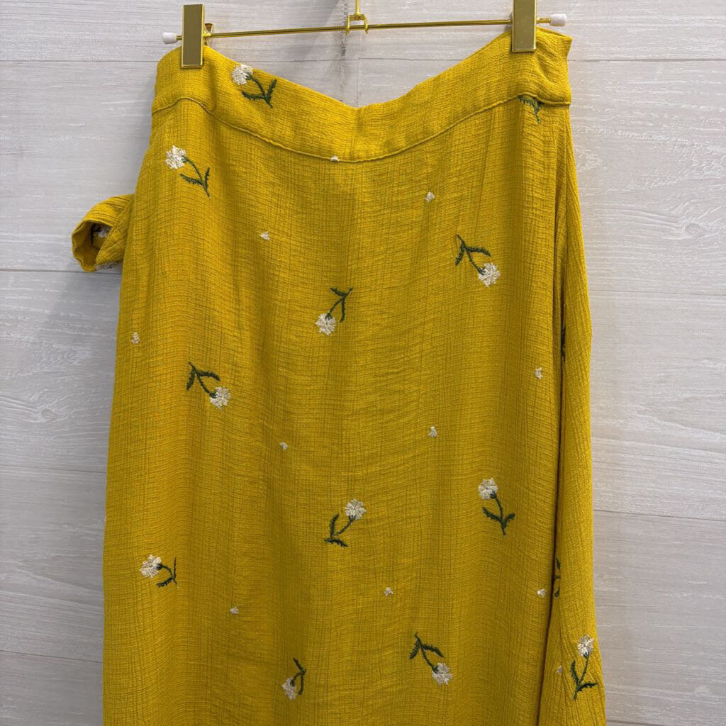 Dee Elly Yellow Embroidered Flower Wrap Maxi Skirt Medium