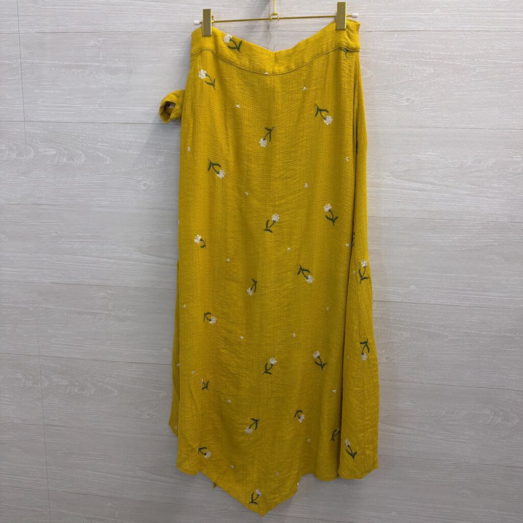Dee Elly Yellow Embroidered Flower Wrap Maxi Skirt Medium