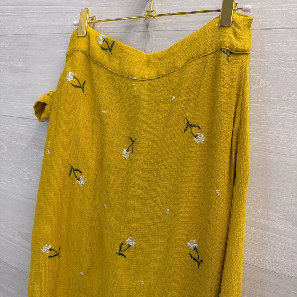 Dee Elly Yellow Embroidered Flower Wrap Maxi Skirt Medium