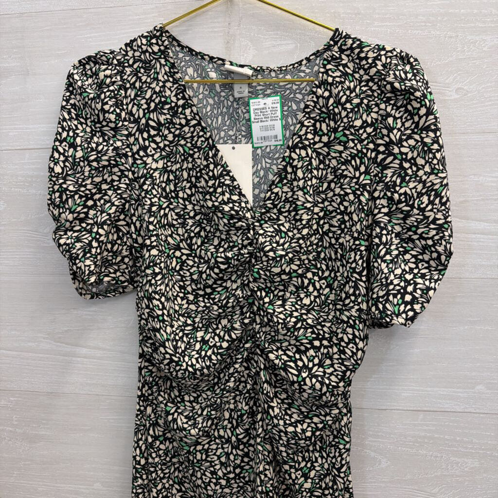 Black/ White Print Short Puff Sleeve Midi Dress Small