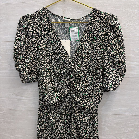 Black/ White Print Short Puff Sleeve Midi Dress Small