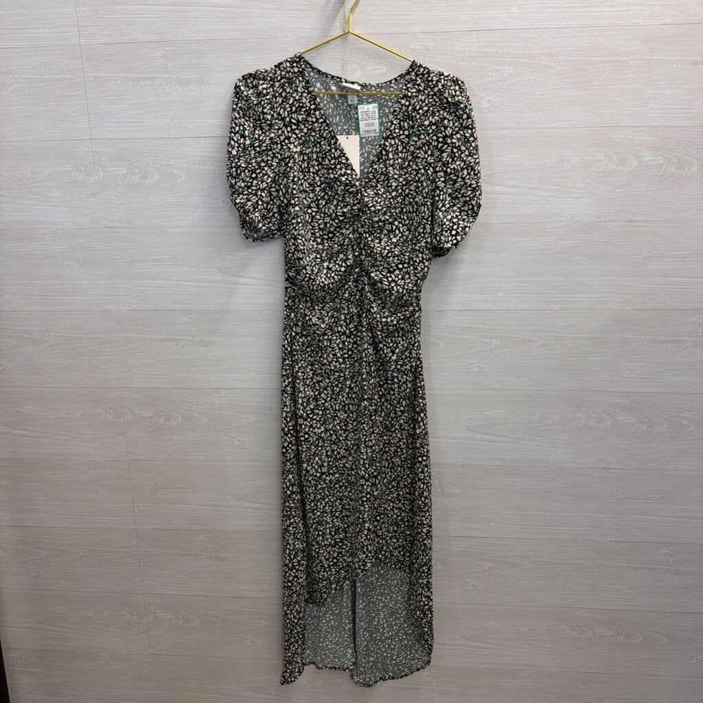 Black/ White Print Short Puff Sleeve Midi Dress Small