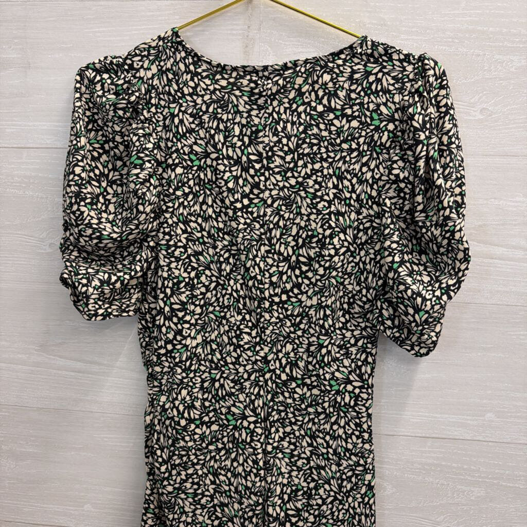 Black/ White Print Short Puff Sleeve Midi Dress Small