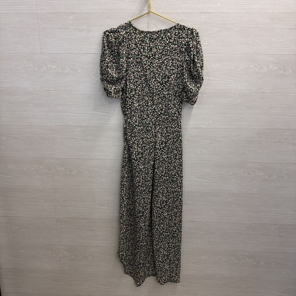 Black/ White Print Short Puff Sleeve Midi Dress Small