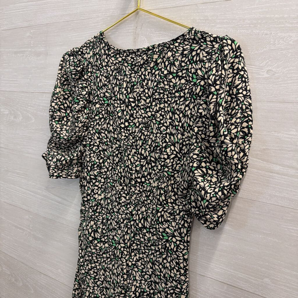 Black/ White Print Short Puff Sleeve Midi Dress Small