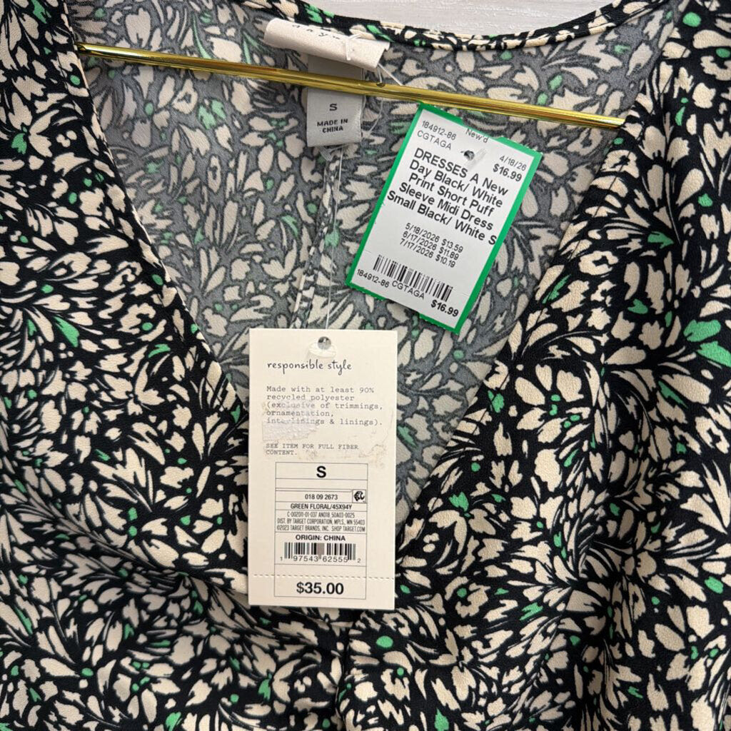 Black/ White Print Short Puff Sleeve Midi Dress Small
