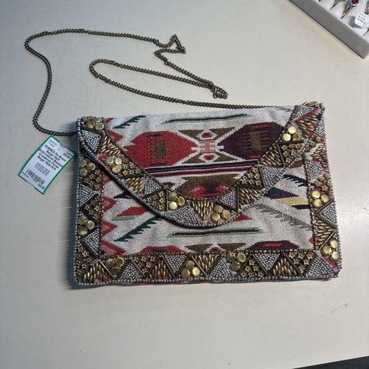 Beige/ Multi Embroidered Beaded Crossbody Purse