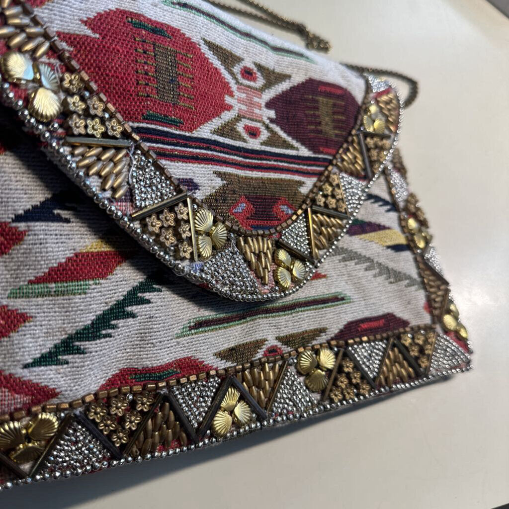 Beige/ Multi Embroidered Beaded Crossbody Purse