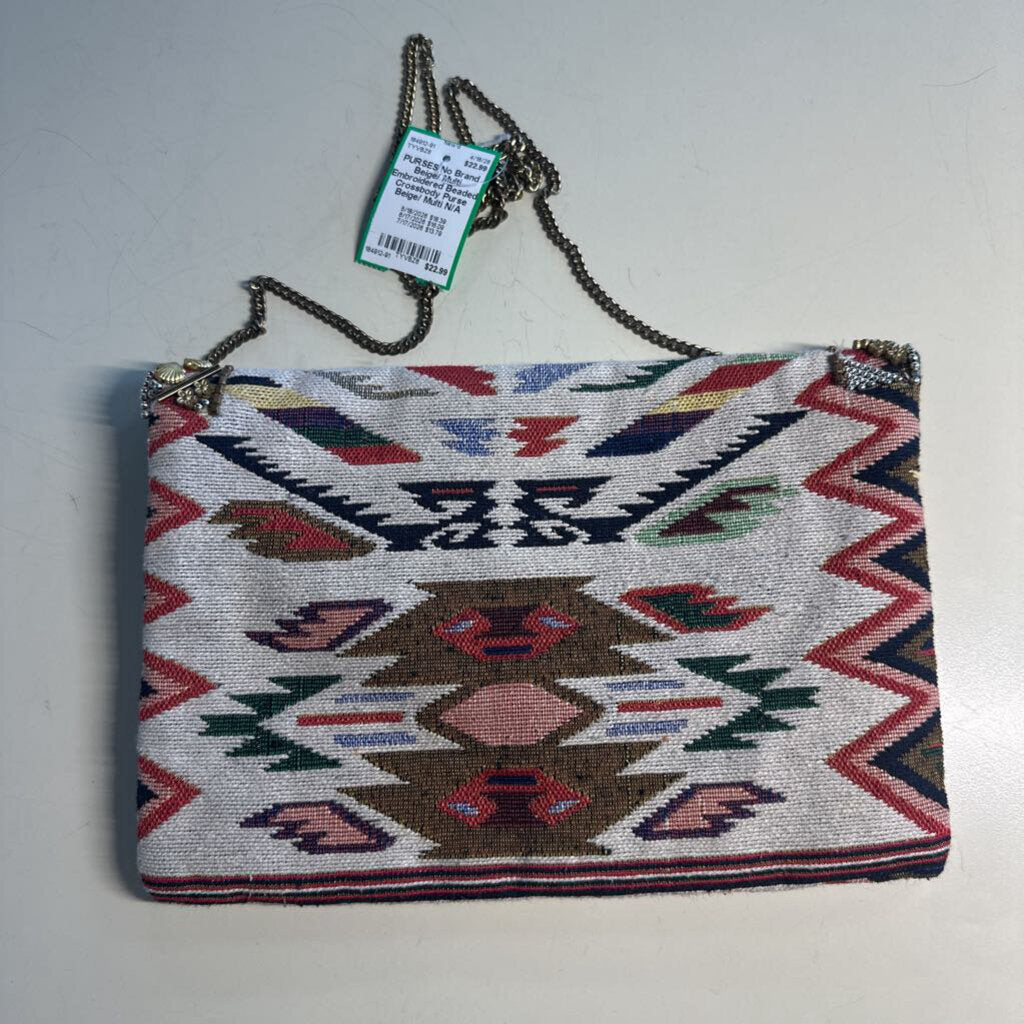 Beige/ Multi Embroidered Beaded Crossbody Purse