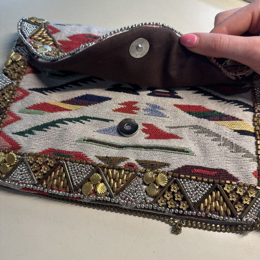 Beige/ Multi Embroidered Beaded Crossbody Purse